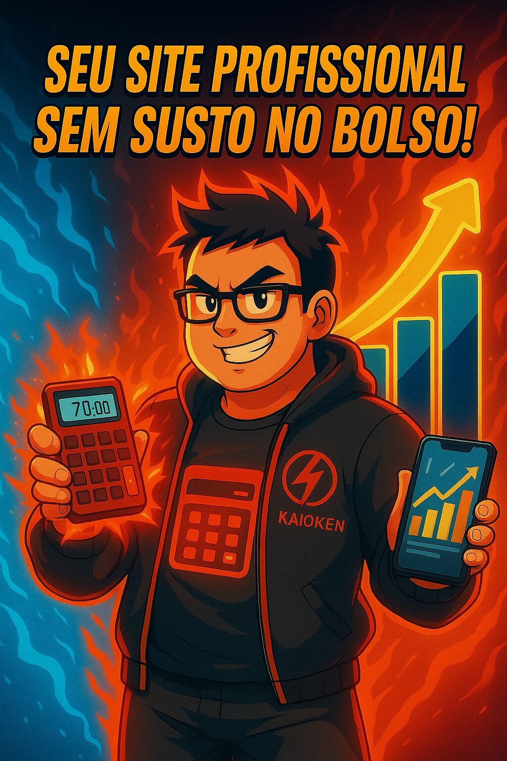 Personagem Kaioken com calculadora digital e smartphone mostrando preço acessível de site profissional em 2025
