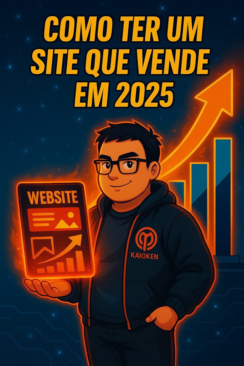 Personagem estilo anime da Agência Kaioken mostrando gráfico de crescimento com site que vende em 2025