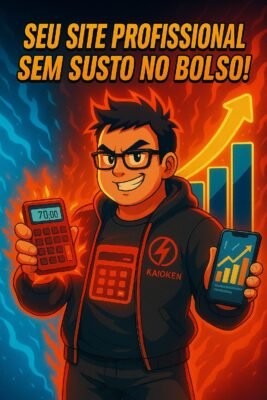 Personagem Kaioken com calculadora digital e smartphone mostrando preço acessível de site profissional em 2025