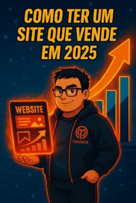 Personagem estilo anime da Agência Kaioken mostrando gráfico de crescimento com site que vende em 2025